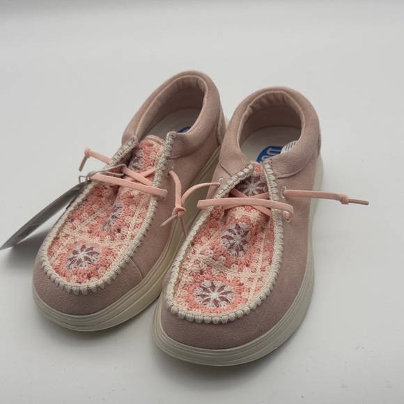 Hey Dude Limited Edition Pale Pink Suede Crochet Shoes - Picture 2 of 6